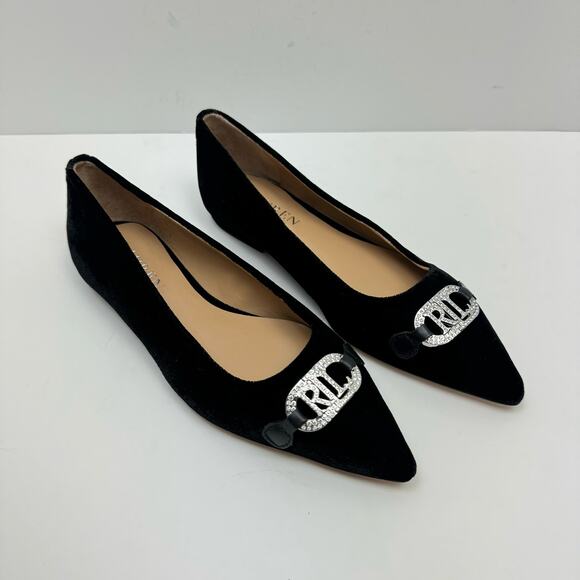 NEW Lauren Ralph Lauren | Lilah Black Velvet Crystal Logo Pointed Toe Flats - Picture 7 of 11